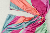 Women Color Block Print One-Shoulder Rainbow Slash Shoulder Irregular Summer Beach Bodycon Dress