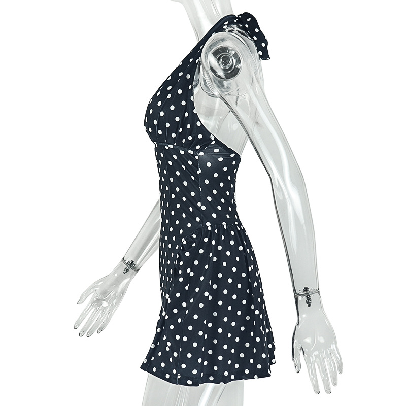 Polka Dot Print V-Neck Sleeveless Halter Dress