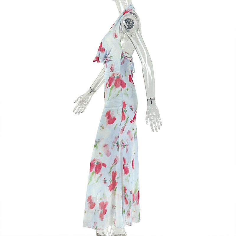 Swing Neck Printed Backless Ruffled Bodycon Dress