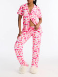 Women Casual Printed Short-Sleeved Top and Pants Pajama Two-Piece Set