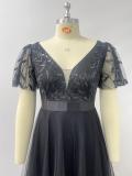 Women Spring Summer Double V Neck Mesh Plus Size Evening Dress Formal Party Gown