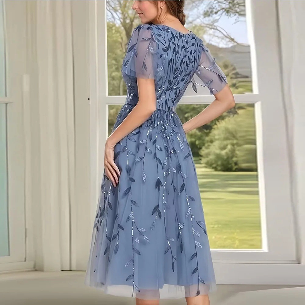 Sequin Embroidered V-Neck Short Sleeve Midi Prom Gown