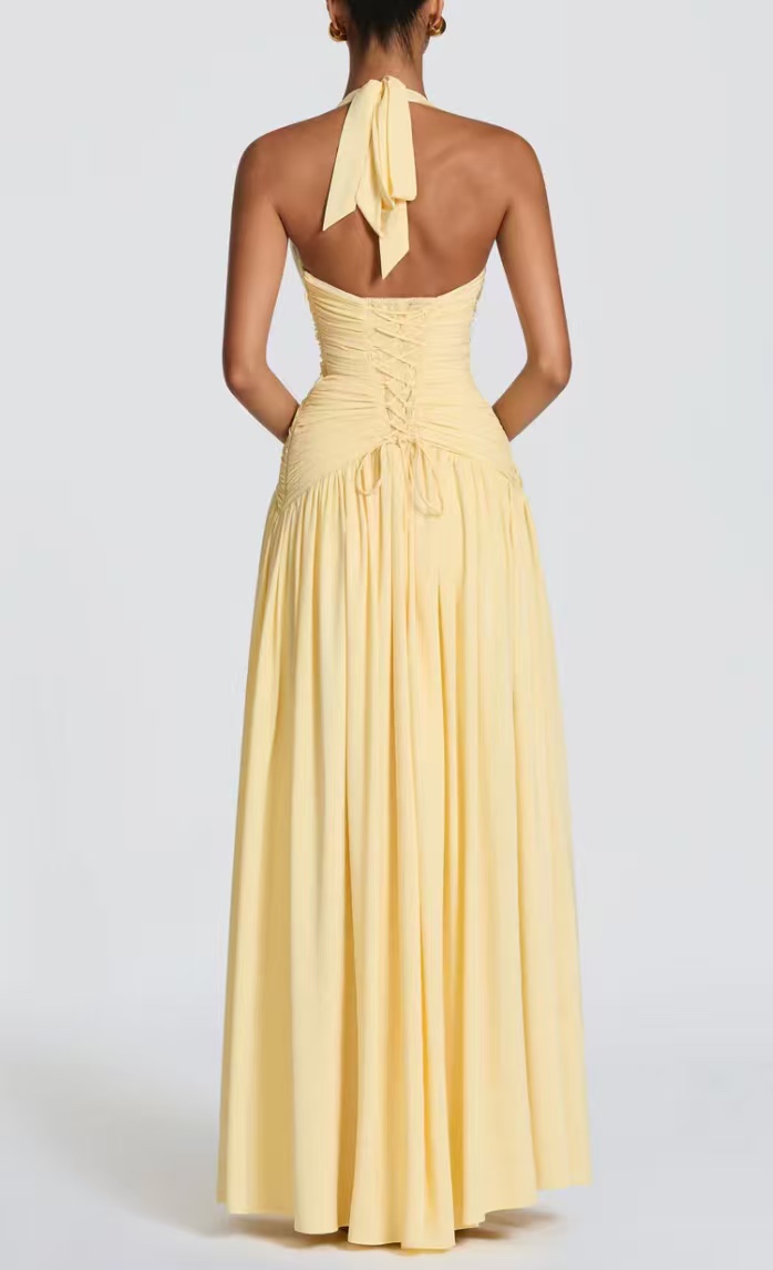 Halter V-Neck Slit Pleated Backless Maxi Dress
