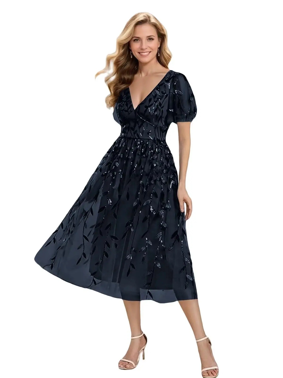 Sequin Embroidered V-Neck Short Sleeve Midi Prom Gown