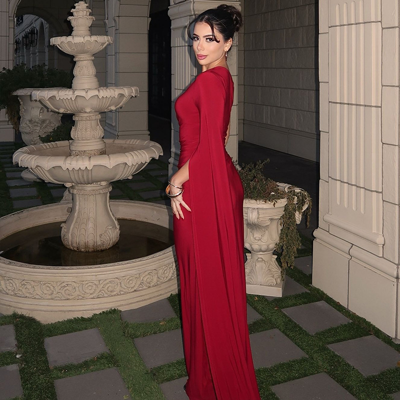 Lace-Up Ruffled Slash Shoulder Bodycon Evening Dress