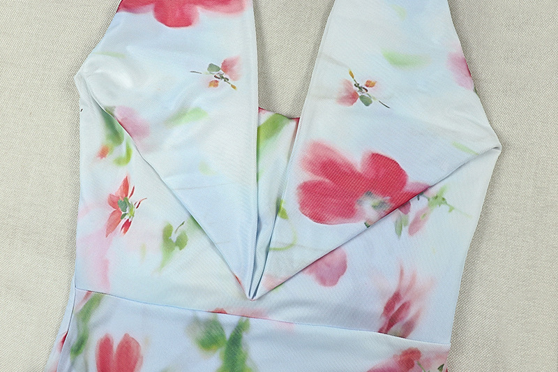 Swing Neck Printed Backless Ruffled Bodycon Dress