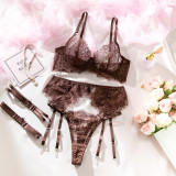 Women Lace Underwire Bra with Waist Belt Lingerie Set