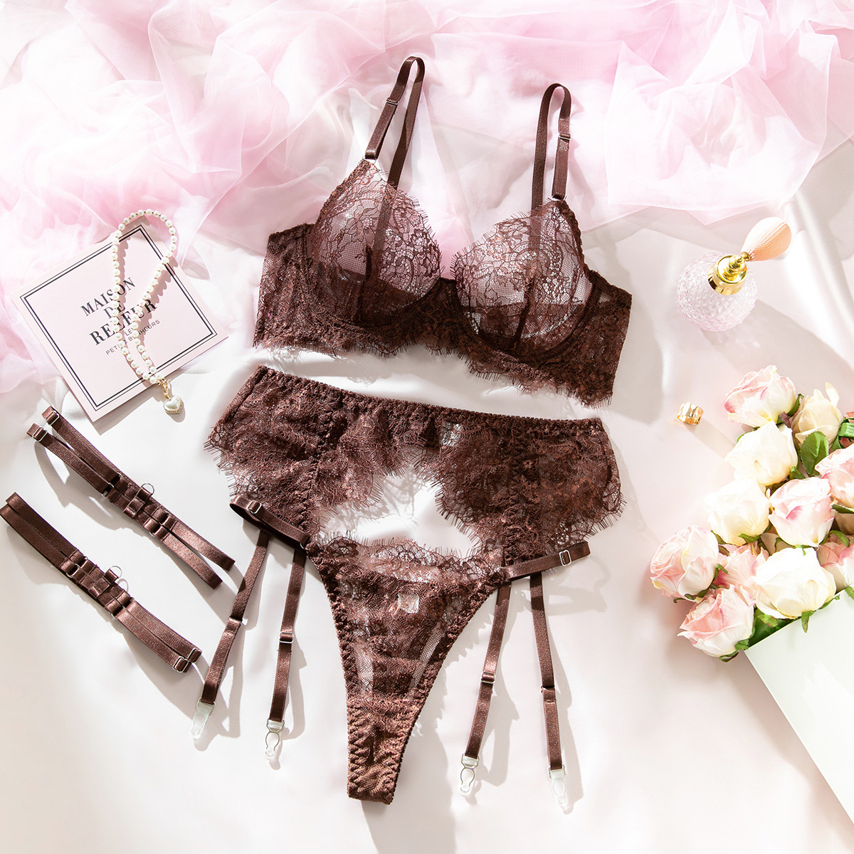 Lace Underwire Bra with Waist Belt Lingerie Set