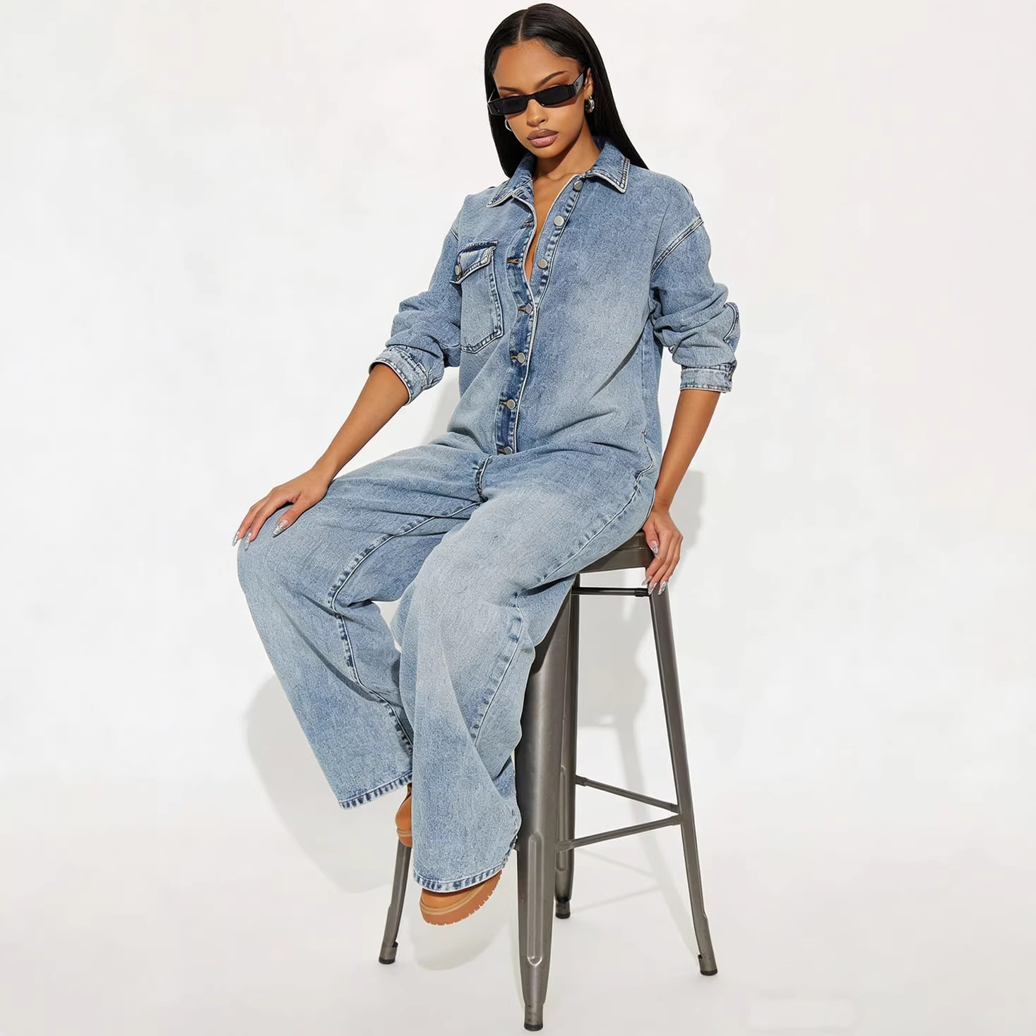 Button-Down Long-Sleeve Denim Jumpsuit for Casual Wear