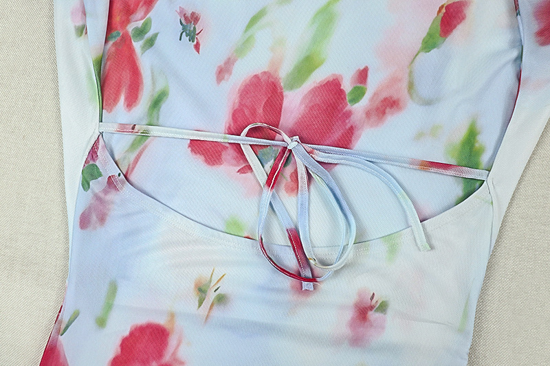 Swing Neck Printed Backless Ruffled Bodycon Dress