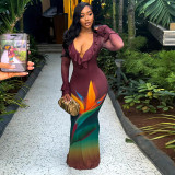 Women Bodycon V-Neck Color Block Maxi Dress