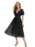 Women Sequin Embroidered V Neck Short Sleeve Midi Evening Dress Prom Party Gown（Processing time need 3-6 days）