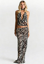 Women Sexy Zebra Print Sleeveless Halter Neck Halter Neck Lace-Up Skirt Two-Piece Set Women Sexy Zebra Print Sleeveless Halter Neck Halter Neck Lace-Up Skirt Two-Piece Set