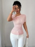 Women Sexy Asymmetrical Neckline Metallic Short-Sleeve T-Shirt