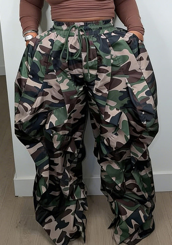Women Camouflage Print Lace-Up Ruffle Patchwork Pants