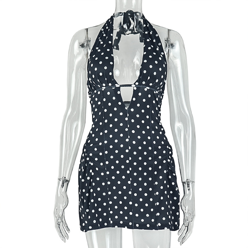 Polka Dot Print V-Neck Sleeveless Halter Dress