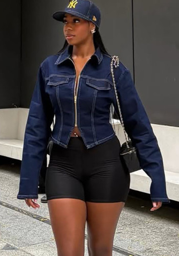 Women Casual Turndown Collar Long-Sleeved Denim Jacket