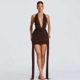 Women Spring Summer Sexy V-Neck Halter Neck Backless Bodycon Dress