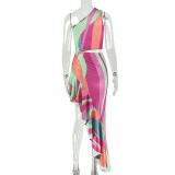 Women Color Block Print One-Shoulder Rainbow Slash Shoulder Irregular Summer Beach Bodycon Dress