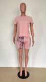 Women Summer Printed Drawstring Casual T-Shirt Shorts Two Piece Set Lounge Wear Outfit