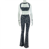 Women Sexy Polka Dot Print Backless Top and Pant Two-Piece Set