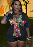 Women Washed Oversized Cross Print Rhinestone Top T-Shirt