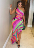 Women Color Block Print One-Shoulder Rainbow Slash Shoulder Irregular Summer Beach Bodycon Dress