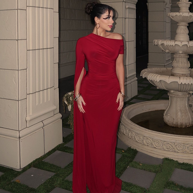 Lace-Up Ruffled Slash Shoulder Bodycon Evening Dress
