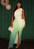 Women Gradient Color Slit Hollow Out Slash Shoulder Sleeveless Bodycon Dress