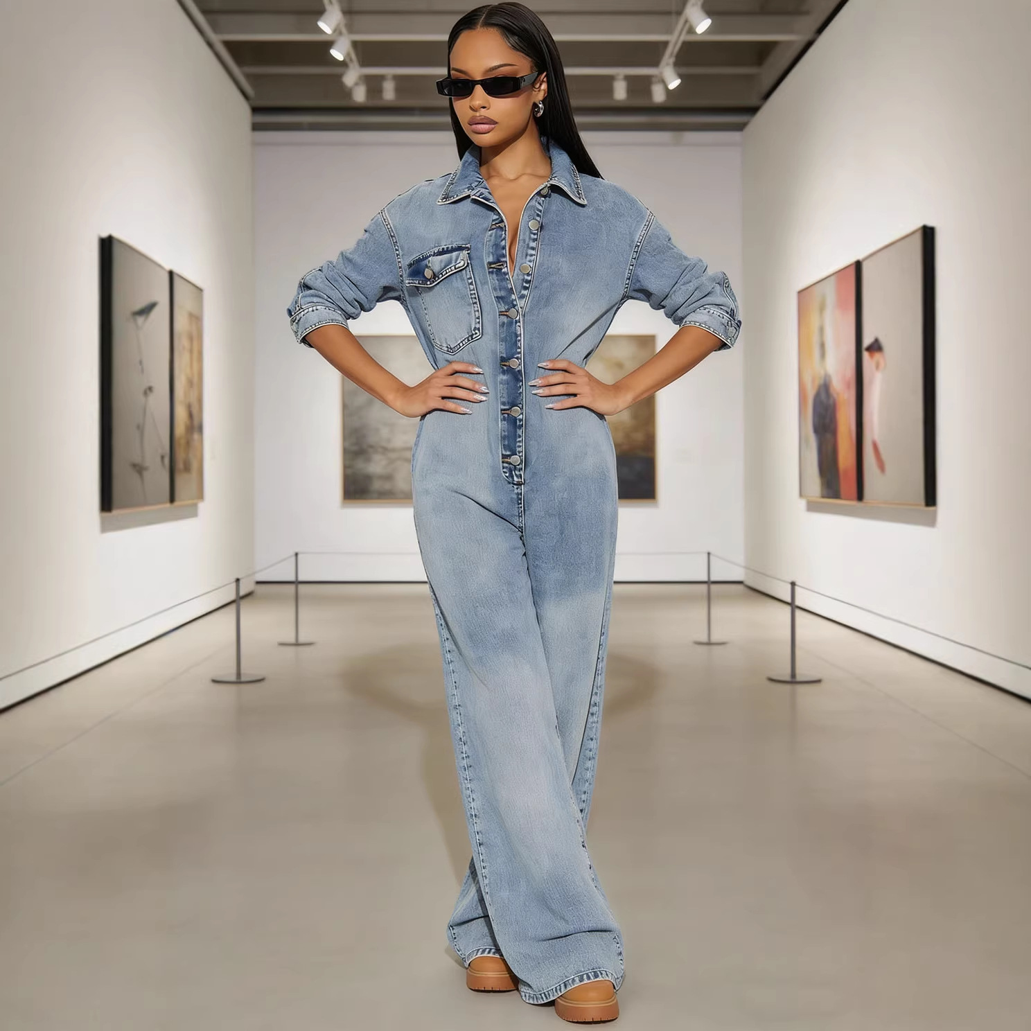 Button-Down Long-Sleeve Denim Jumpsuit for Casual Wear