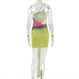 Women Color Block Backless Irregular Slash Shoulder Strapless Mini Dress