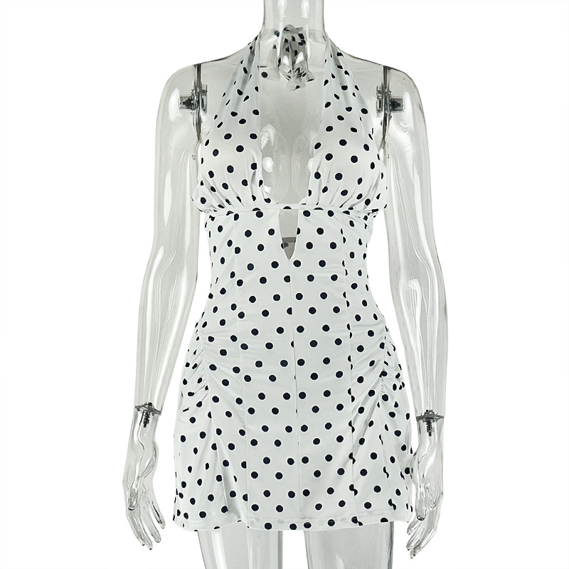 Polka Dot Print V-Neck Sleeveless Halter Dress