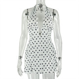 Women Polka Dot Print V-Neck Sleeveless Halter Neck Dress