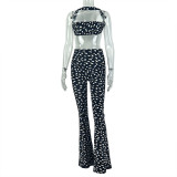 Women Sexy Polka Dot Print Backless Top and Pant Two-Piece Set