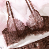 Women Lace Underwire Bra with Waist Belt Lingerie Set