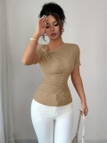 Women Sexy Asymmetrical Neckline Metallic Short-Sleeve T-Shirt