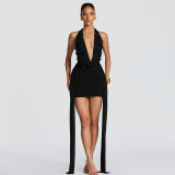 Women Spring Summer Sexy V-Neck Halter Neck Backless Bodycon Dress