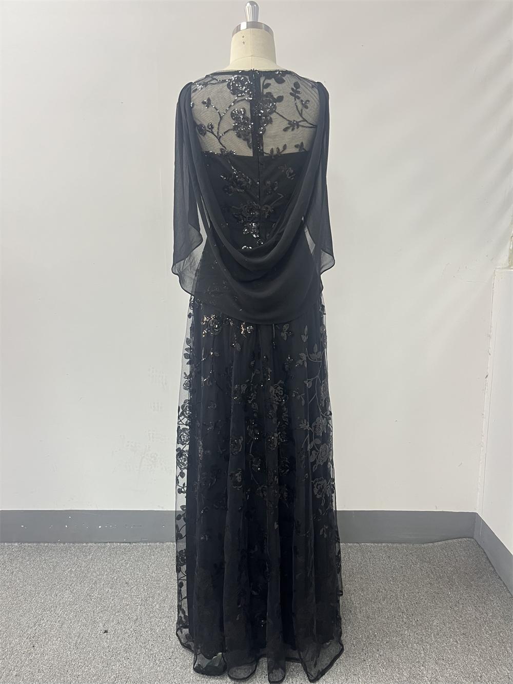 Mesh Sequin Round Neck A-Line Cape Maxi Evening Gown