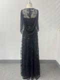 Women Mesh Sequin Round Neck A-Line Cape Maxi Dress Elegant Evening Gown