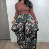 Women Camouflage Print Lace-Up Ruffle Patchwork Pants