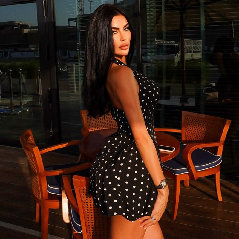 Polka Dot Print V-Neck Sleeveless Halter Dress