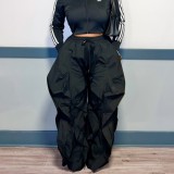 Women Camouflage Print Lace-Up Ruffle Patchwork Pants