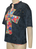 Women Washed Oversized Cross Print Rhinestone Top T-Shirt