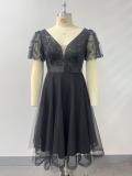 Women Spring Summer Double V Neck Mesh Plus Size Evening Dress Formal Party Gown