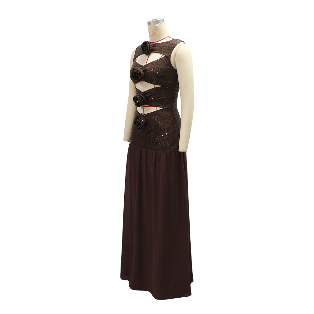 Sleeveless Hollow-Out Sequined Maxi Dress for Parties