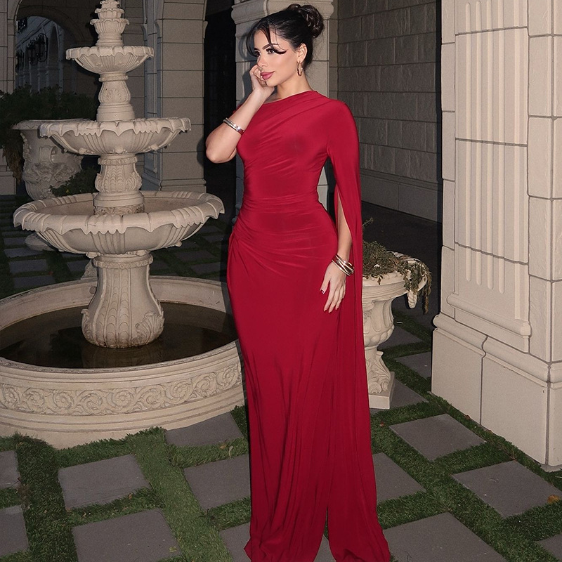 Lace-Up Ruffled Slash Shoulder Bodycon Evening Dress