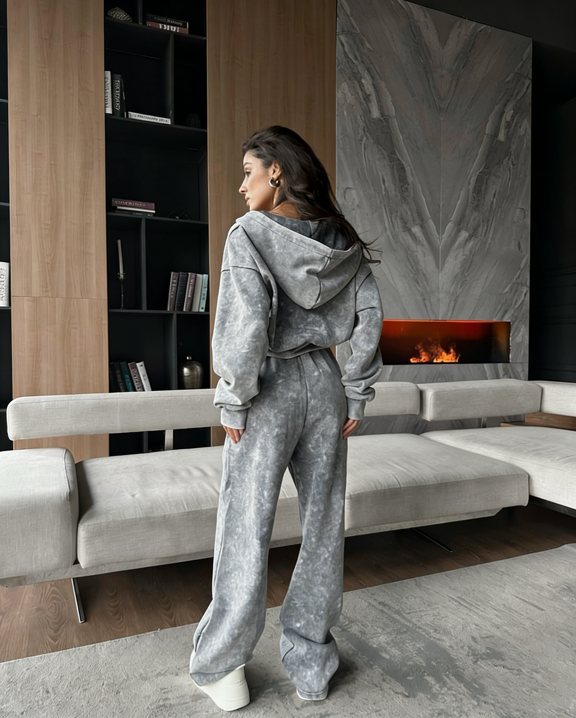 Washed Zip-Up Hoodie & Sweatpants Tracksuit Set for Streetwear