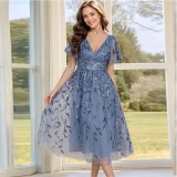 Women Sequin Embroidered V Neck Short Sleeve Midi Evening Dress Prom Party Gown（Processing time need 3-6 days）