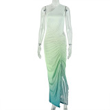 Women Gradient Color Slit Hollow Out Slash Shoulder Sleeveless Bodycon Dress