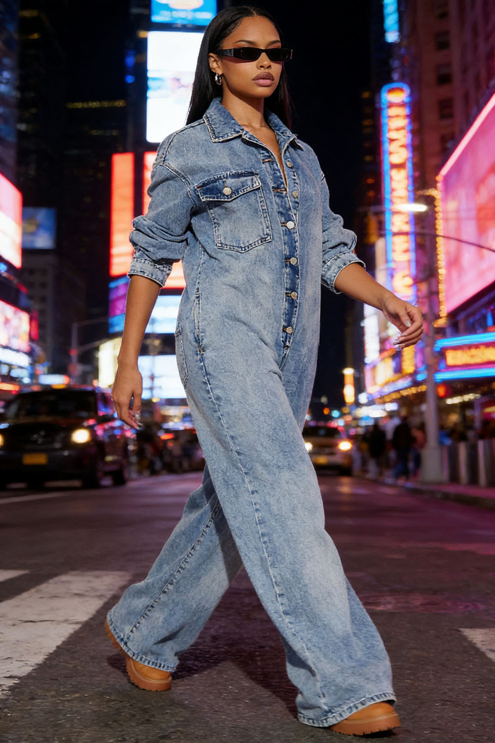 Button-Down Long-Sleeve Denim Jumpsuit for Casual Wear